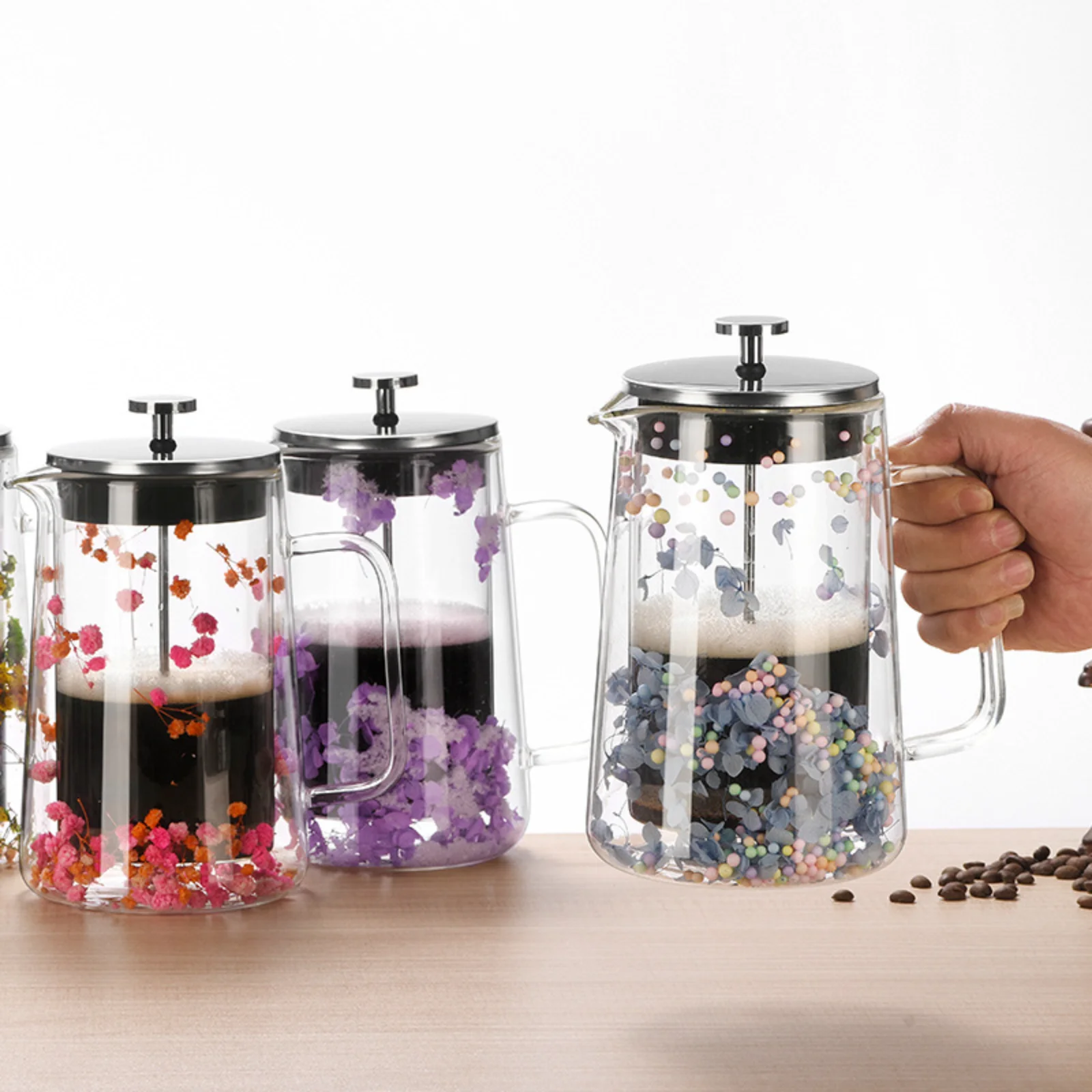 

Dried Flower Double Glass Press Pot Home Kitchen Office Borosilicate Filter Press Pot French Milk Foam Hand Brewed Coffee Kettle