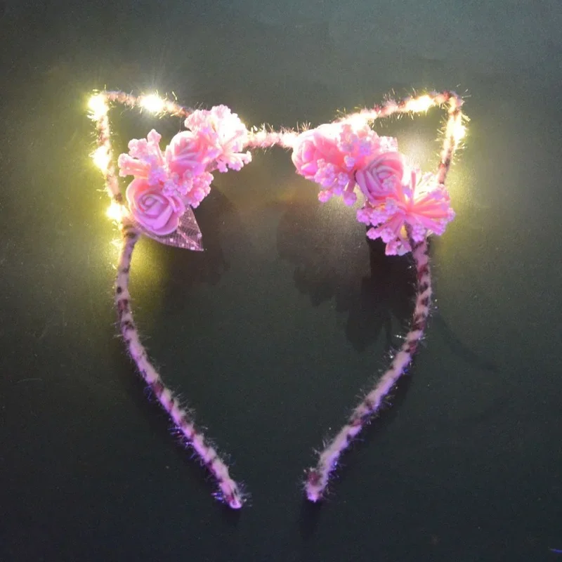 10pcs LED Ear Cat Flower Headband Decor Light Up Flashing Girl Birthday Luminous Costumes  Glow Party Supplies Wedding Festival