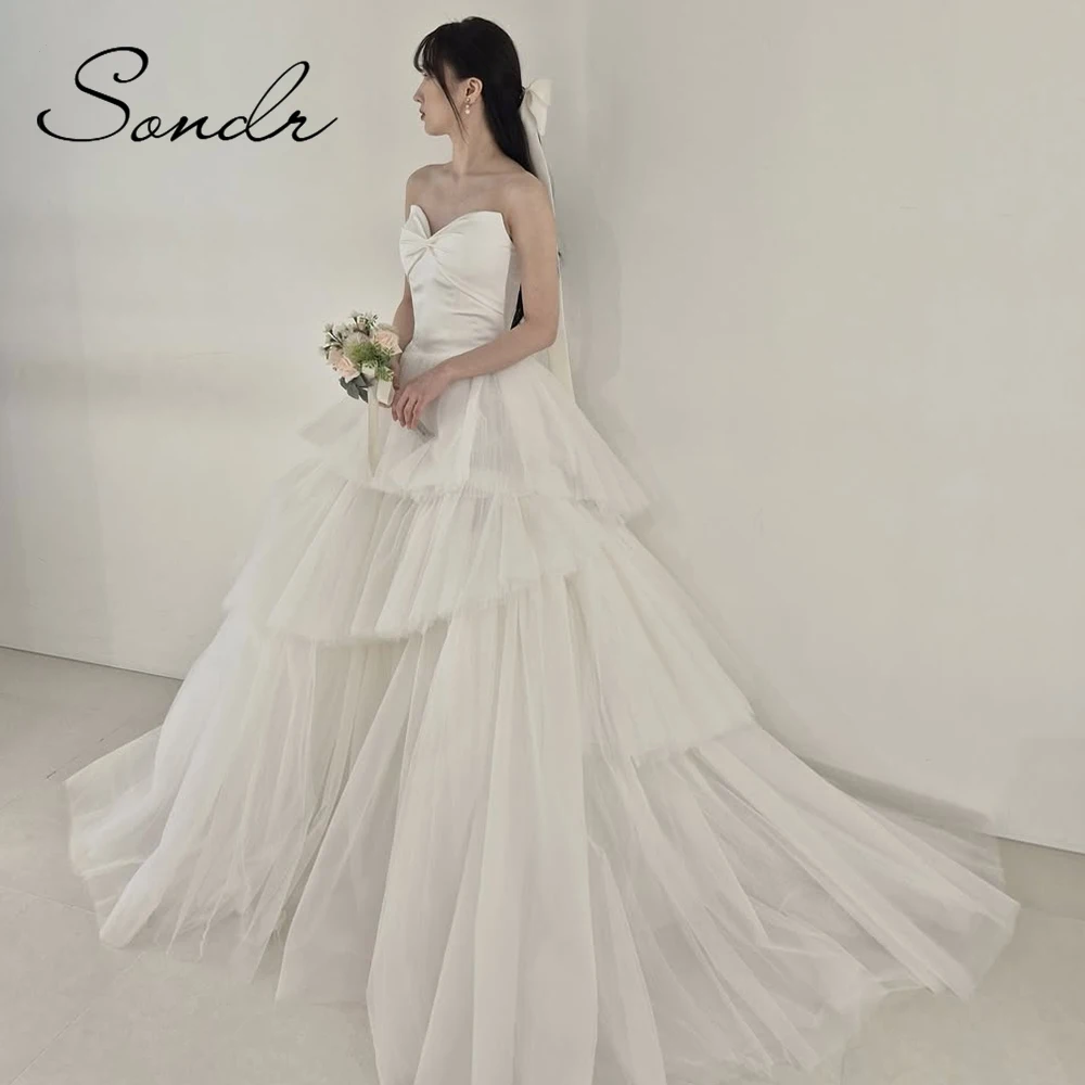 Sondr Strapless Bow Korean Wedding Dresses Tiered Tulle Customized A Line Bridal Gown Princess Wedding Snap Dresses for Bride