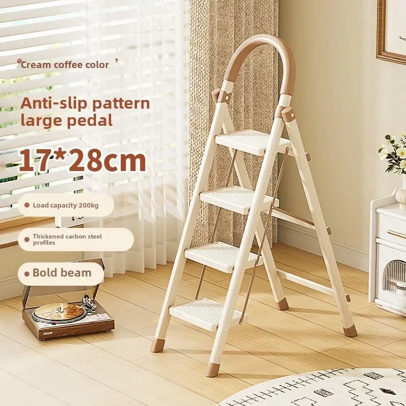 Ladder Household Folding Herringbone Ladder Telescopic Thickened Cream White Four or Five Steps Multifunctional Stairs Interior