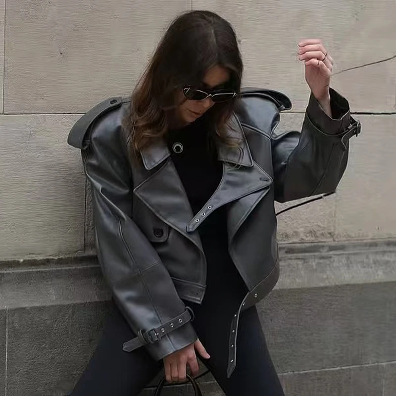 HXAO Cropped leren jas damesjas herfst 2025, bordeaux zwart Outerwears dames topjas met lange mouwen motorjas