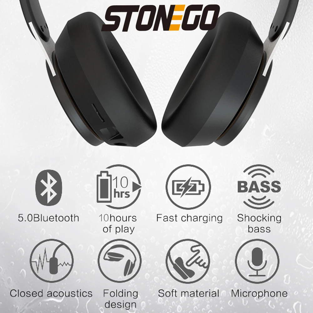 STONEGO Stereo Bluetooth Headphones Foldable Wireless Headset HiFi Deep Bass Sound HD Microphone PU Leather Earmuffs