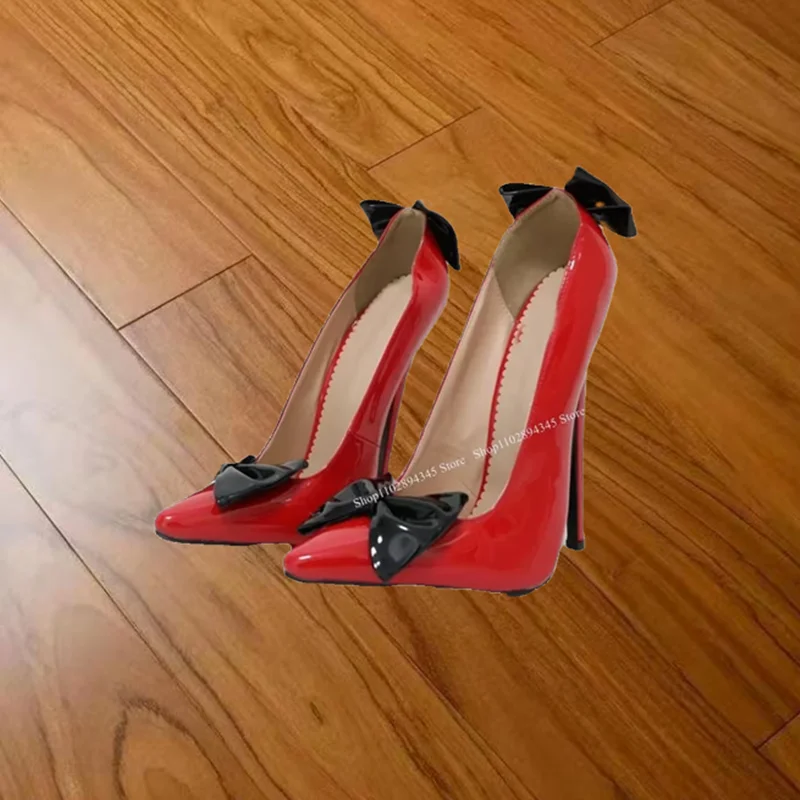 Laço vermelho nó deslizamento em bombas de couro patente fino salto alto moda sexy rasa verão tamanho grande mulher sapatos zapatillas mujer