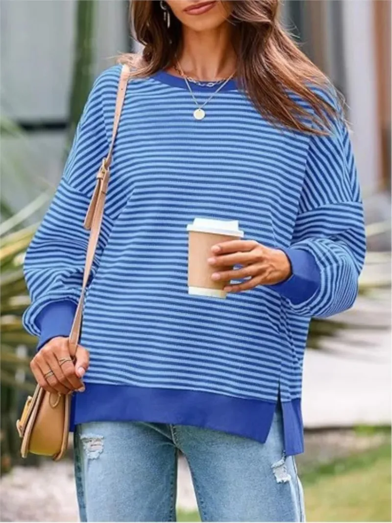 Moletom Feminino com Decote Redondo e Barra Lateral, Manga Longa, Casual, Estilo Colorido com Listras, Moda Outono Inverno