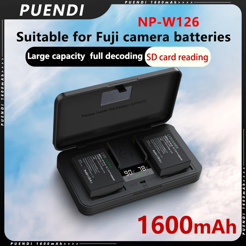 NP-W126S battery and LCD USB charger for Fuji X-T100, X-T200, X100F, X100V, X100VI, X-S10, X-A5, X-A10, X-E4, X-Pro2, X-Pro3