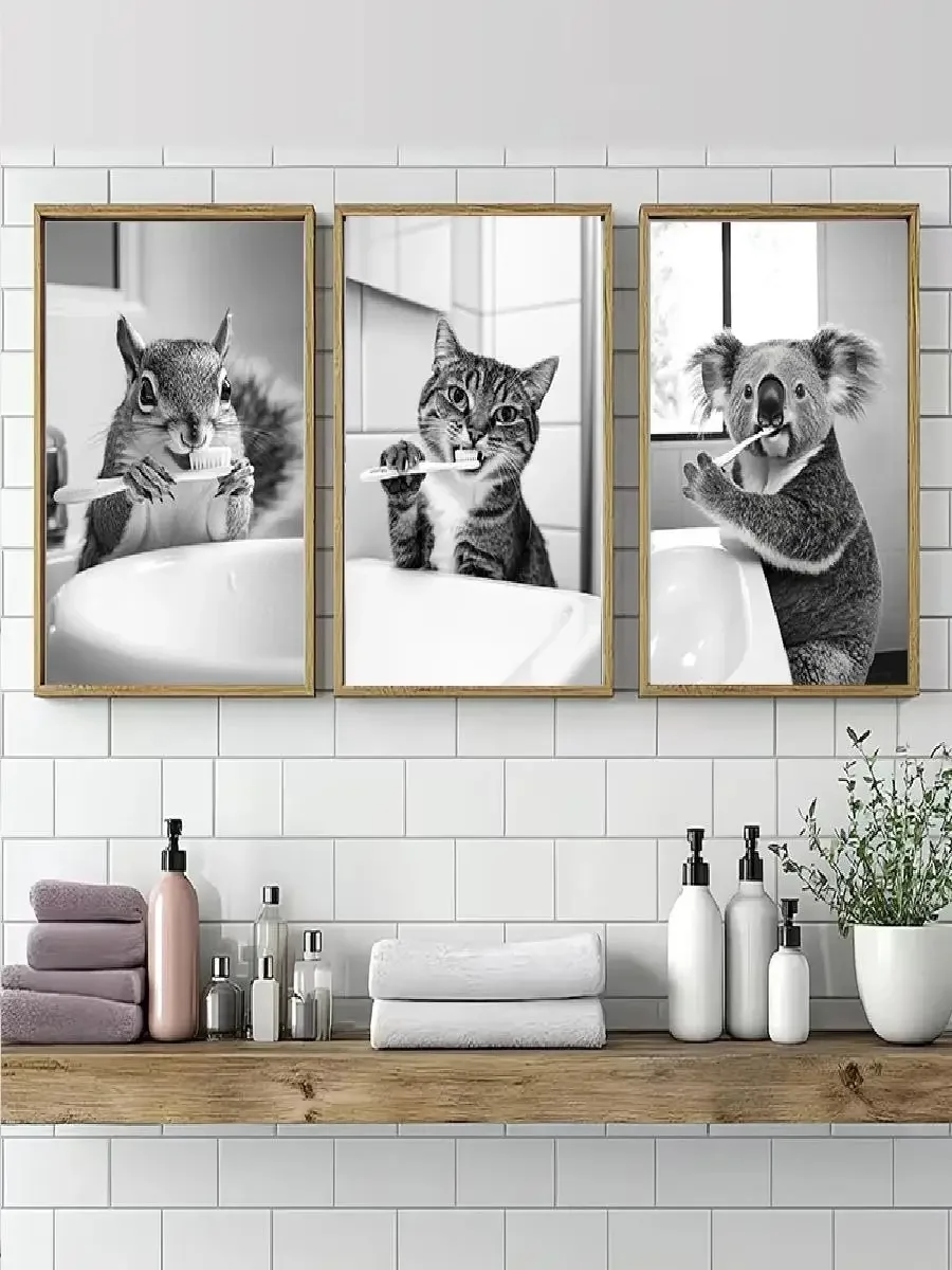 Black White Funny Bathroom Animal Brushing Teeth Poster Vintage Canvas Wall Art for Home Decor
