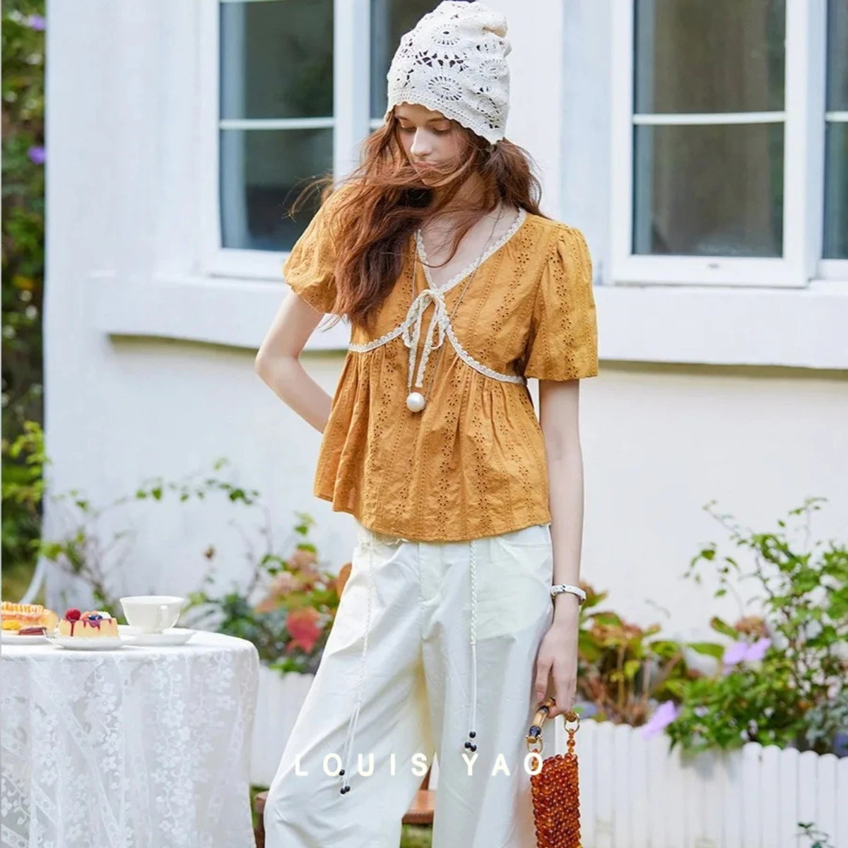 

Patchwork Lace-up Women's Shirt Blouses Sweet Hollow Out Tops Lace V-Neck Bubble Sleeve Shirt Female Clothing Spring 2025