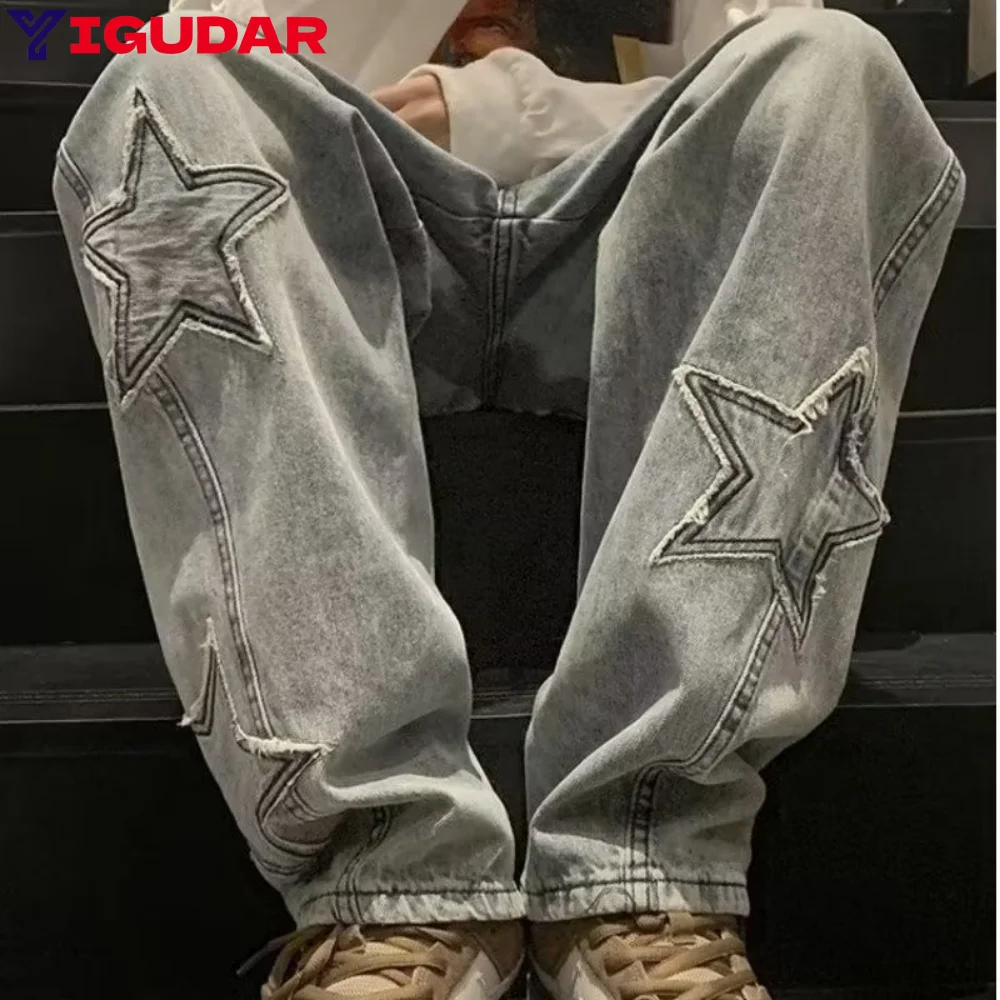 

Star Embroidery Straight Casual Men Jeans Gothic Neutral New Wide Leg Loose Hip-hop Fashion Youth Streetwear wide leg jeans