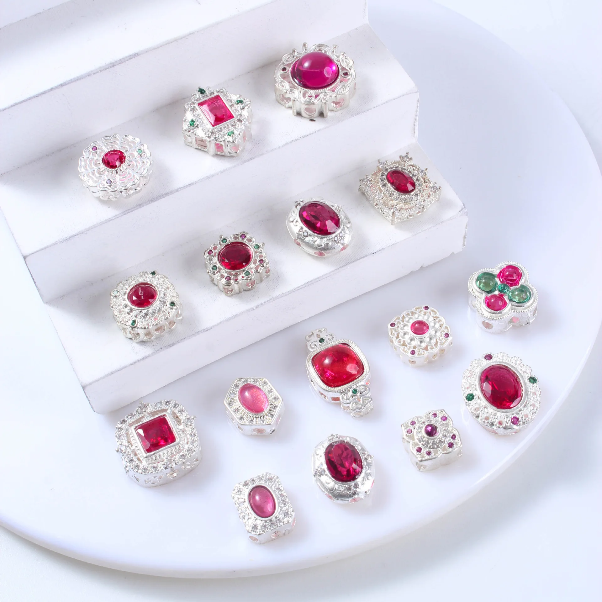 10pcs Copper Plated Silver Inlaid Red Zirconium Spacer Bead Accessories DIY Bracelet Necklace Jewelry Making Beads Wholesale