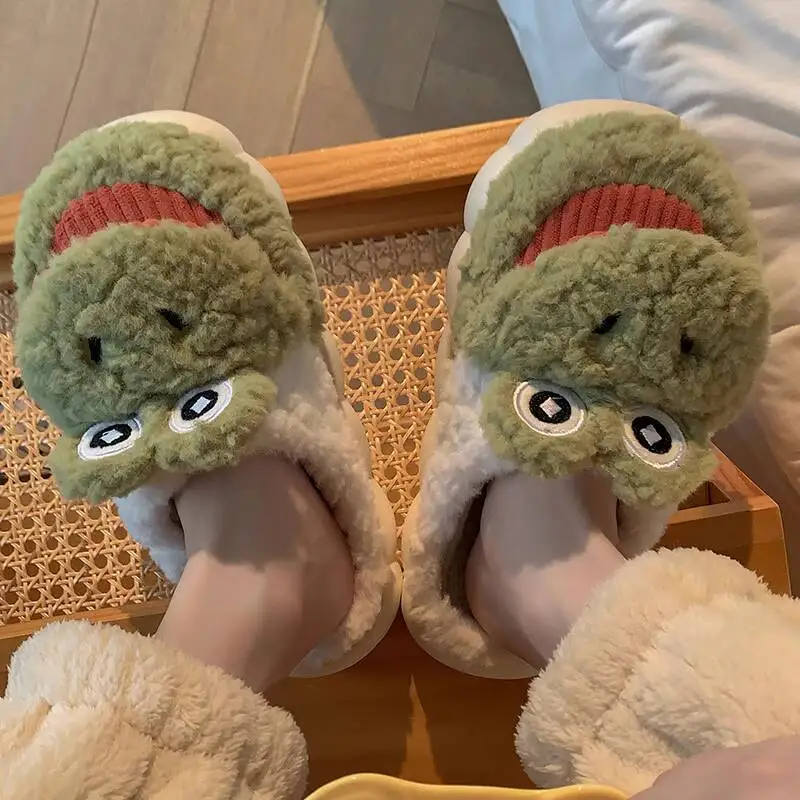 

Cute Unisex Frog Plush Slippers 2025 Autumn Winter Cartoon Home Slippers Women's Men's Thick Soled Non Slip Warm Indoor Slippers