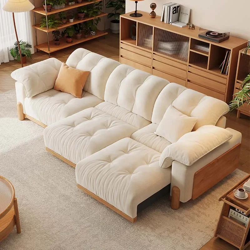 Living room electric sofa bed small apartment Japanese cream style new multi-functional telescopic straight row log fabric sofa