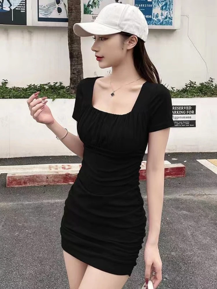 Vestido para mujer sólido cuello cuadrado ajustado verano ropa de calle elegante estilo coreano manga corta temperamento ocio fiesta nueva llegada