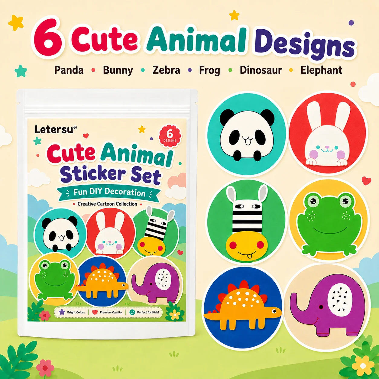 Cute Animal Stickers for Kids, Cartoon Panda Rabbit Frog Elephant Sticker Set, DIY Scrapbook Reward Decoration Stickers