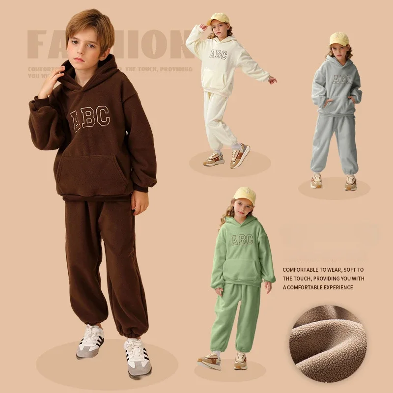 

Winter Plush Children's Sets Hooded Fleece Pullover Fashion Letter Children's Clothing Boys' Girls' Casual Hoodie Set