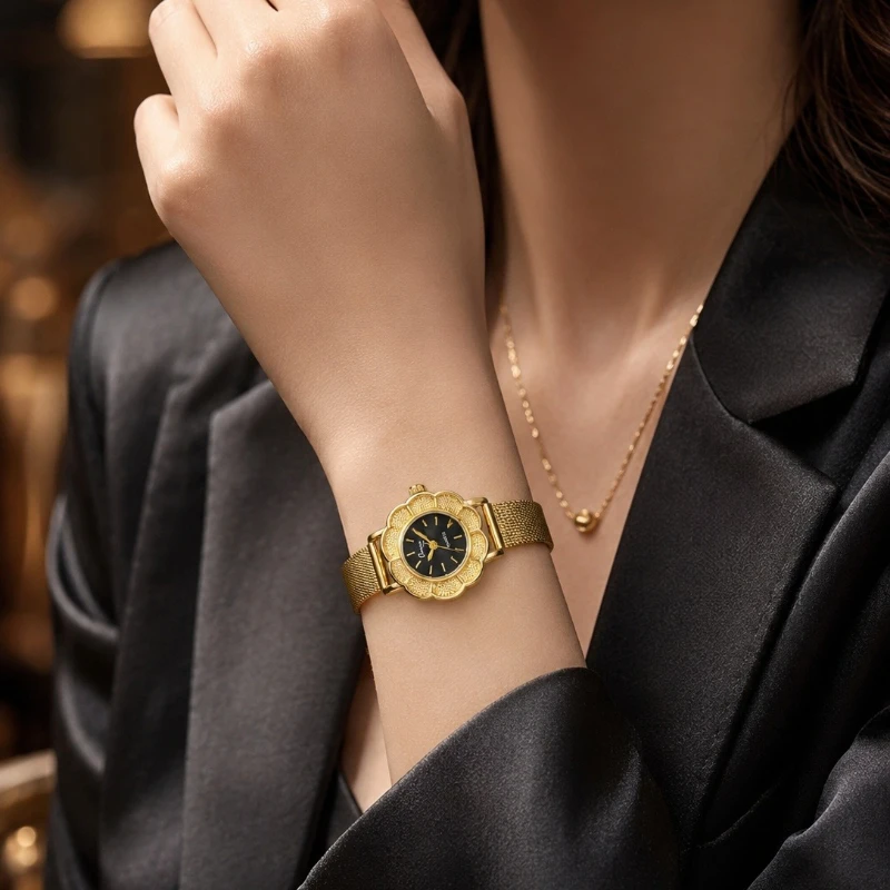 Annie Time Gold Flower Shape Women's Quartz Watch Black Dial Metal Mesh Strap Elegant Dress Ladies Wristwatch relogio feminino view 5