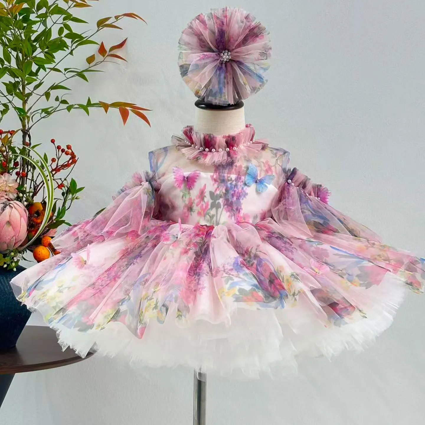 Jill Wish J052 Floral Baby Puffy Sleeve Adorable Girl Dress High Neck Knee Length Princess Wedding Birthday Party Ball Gown