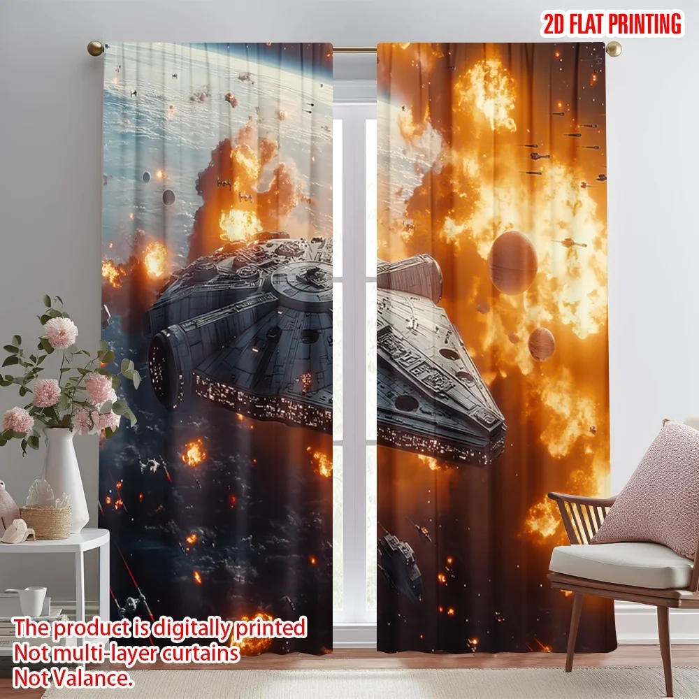 

2D flat printing 2pcs Curtains Spaceship Battle in Space Digital Printed Polyester Drapes Party Decorations Use for Door Wall