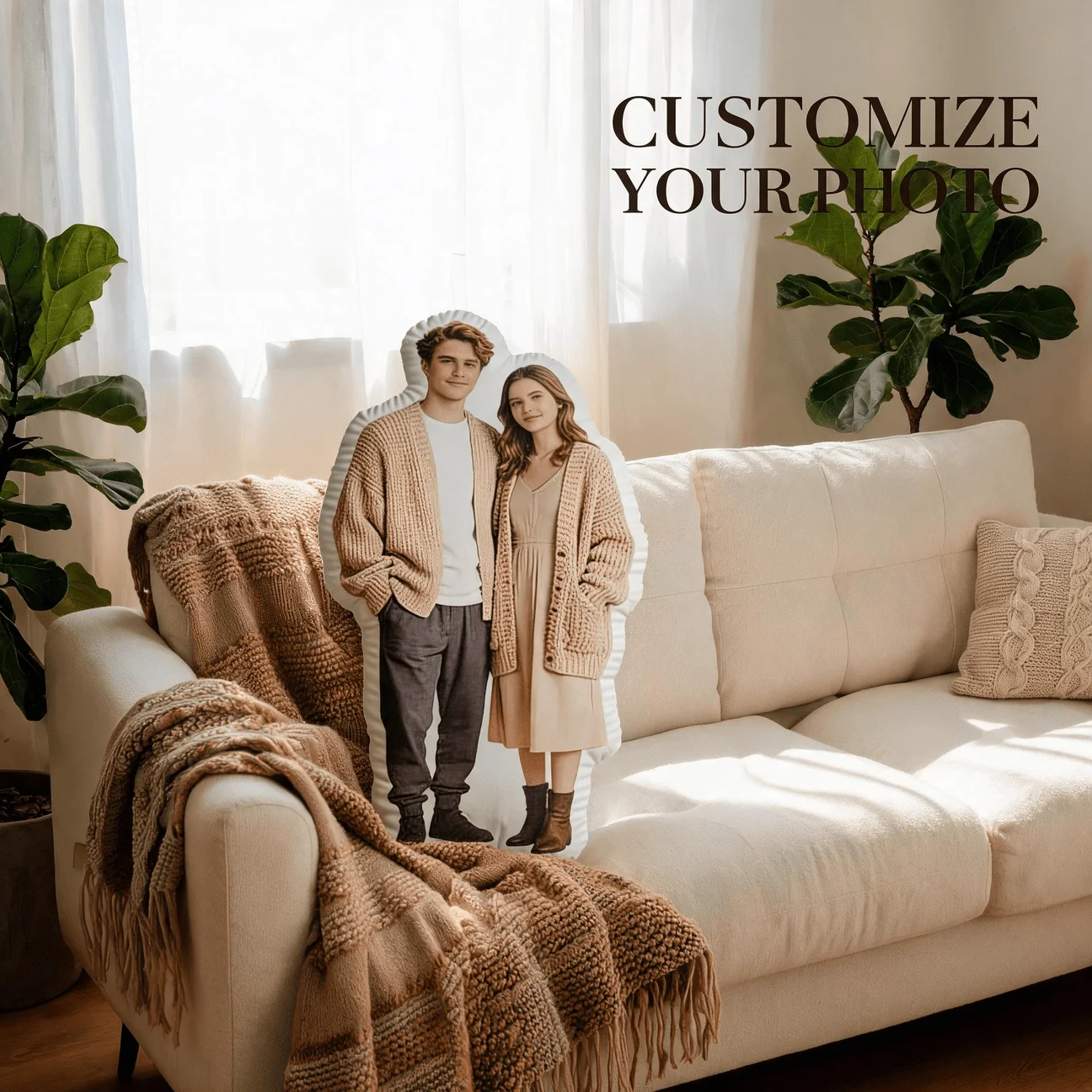 Custom Couple Photo Shaped Pillow, Personalized Picture Decorative Cushion with Beige Cardigan Style, 70CM Home Decor Accent for