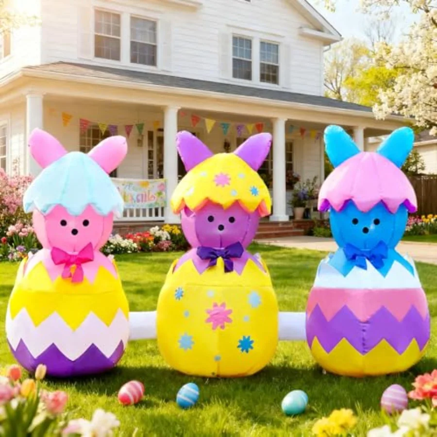 

6Feet Long Inflatable Outdoor Decorations, PVC Material, Pastel Pink White, Built-in LED Lights for Easter Spring Garden, Yard,