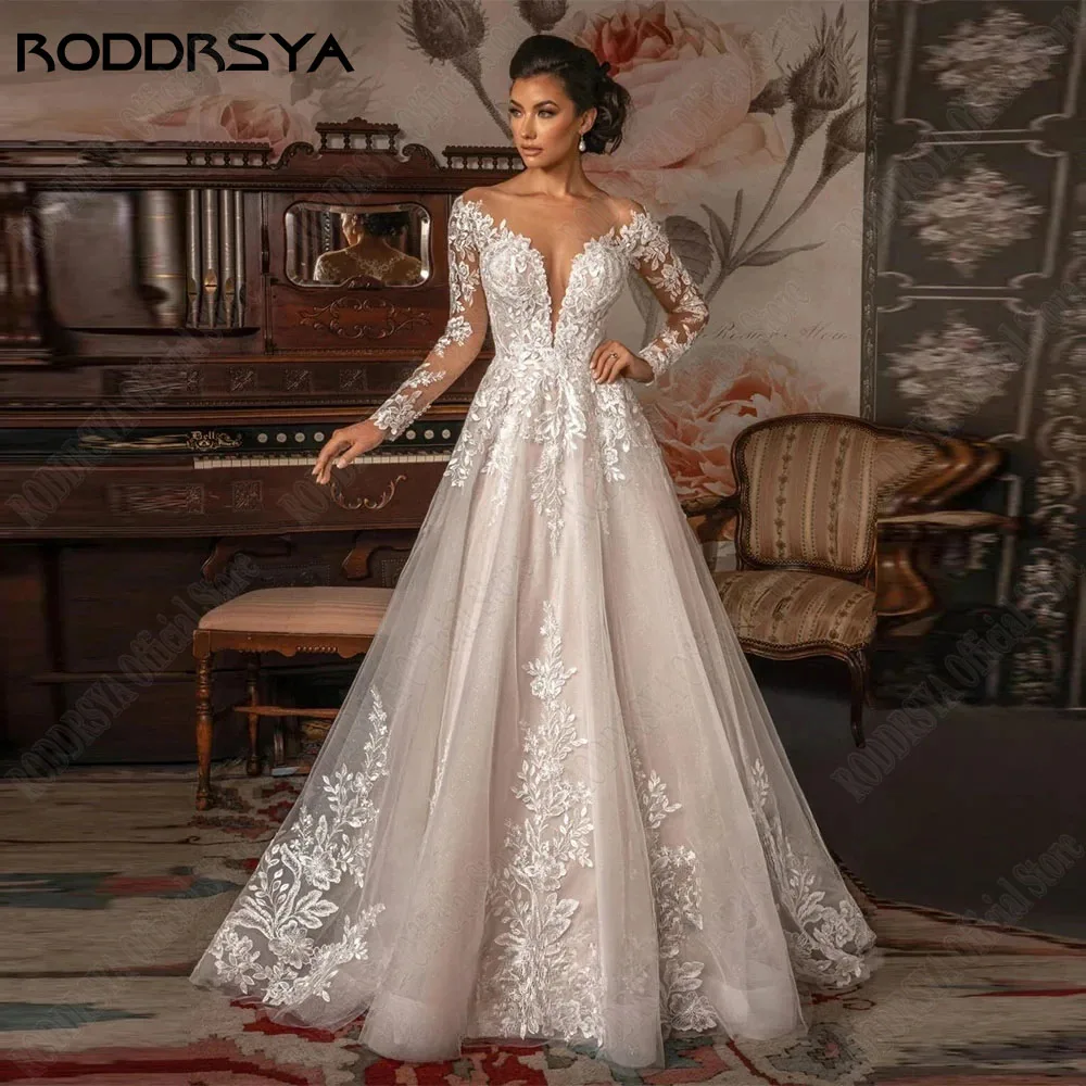 RODDRSYA Scoop Neck A-Line Wedding Dress Long Sleeves Illusion Back Tulle Bridal Gowns Lace Applique Plus Size Vestido De Novia