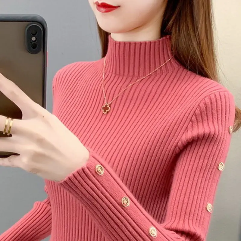 Autumn and Winter Women\'s Solid Half High Collar Long Sleeve Slim Sweaters Jumpers Button Screw Thread Fashion Casual Tops