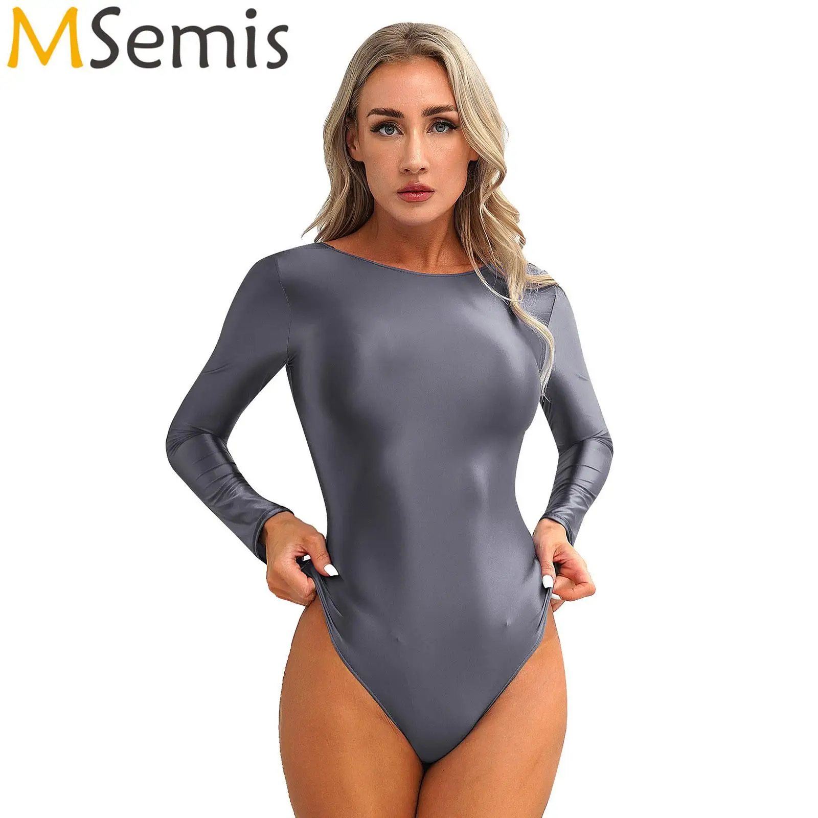 Mulheres manga longa em torno do pescoço maiô, One Piece Swimwear, collants em U, bodysuit liso brilhante, collant