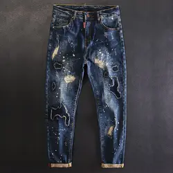 Jeans for Men Cropped Ripped Tapered Male Cowboy Pants with Holes Trousers Broken Torn 90s Streetwear Clothes Y2k 2000s Casual