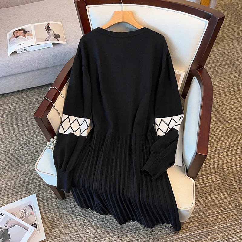 155Kg Plus Size Women's Bust 160 Autumn Winter Loose Long Round Neck Sweater Dress Black 5XL 6XL 7XL 8XL 9XL 10XL