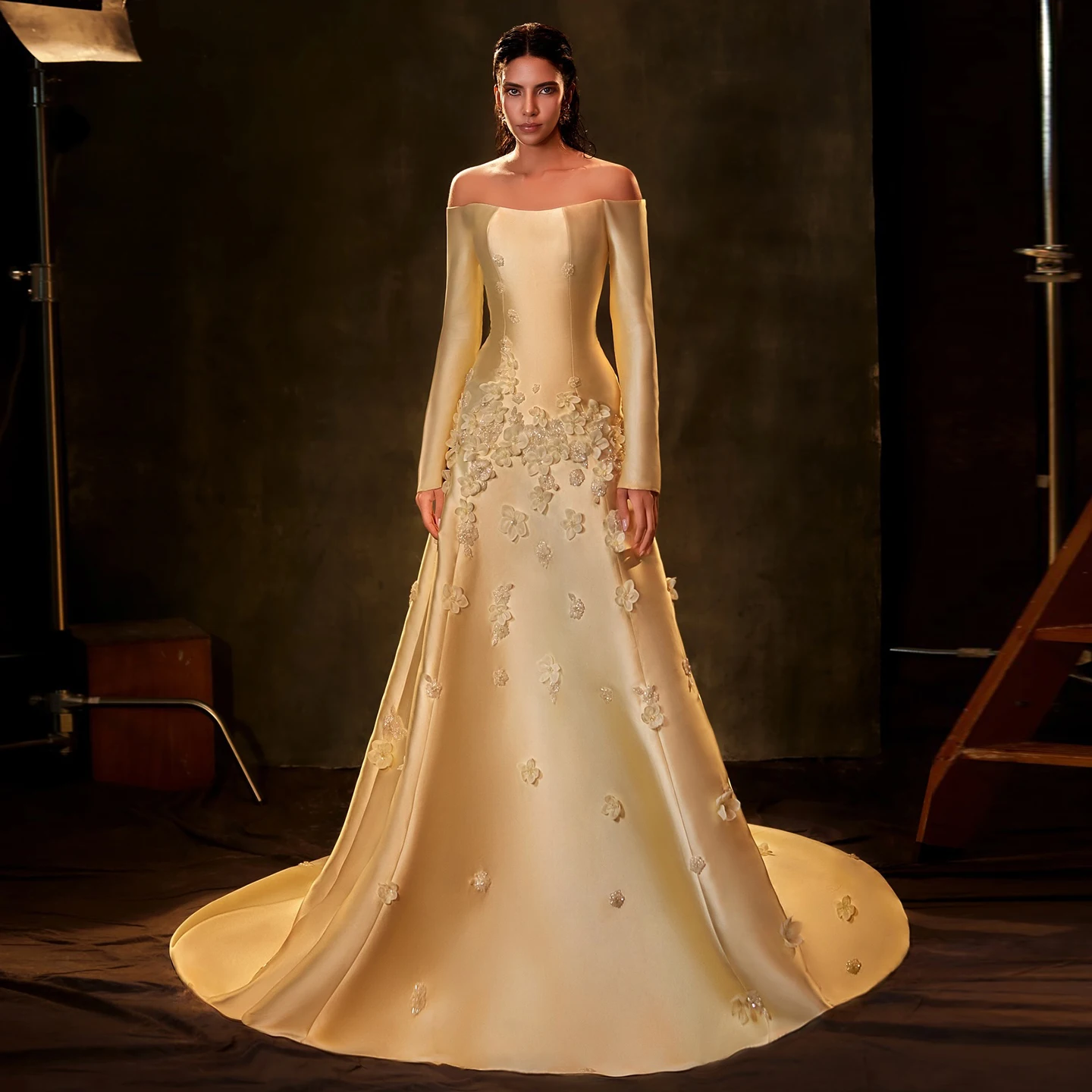 

Sharon Said Elegant Off Shoulder Yellow Evening Dress with 3D Flowers Long Sleeves Arabic Formal Party Gown SS537 Customized