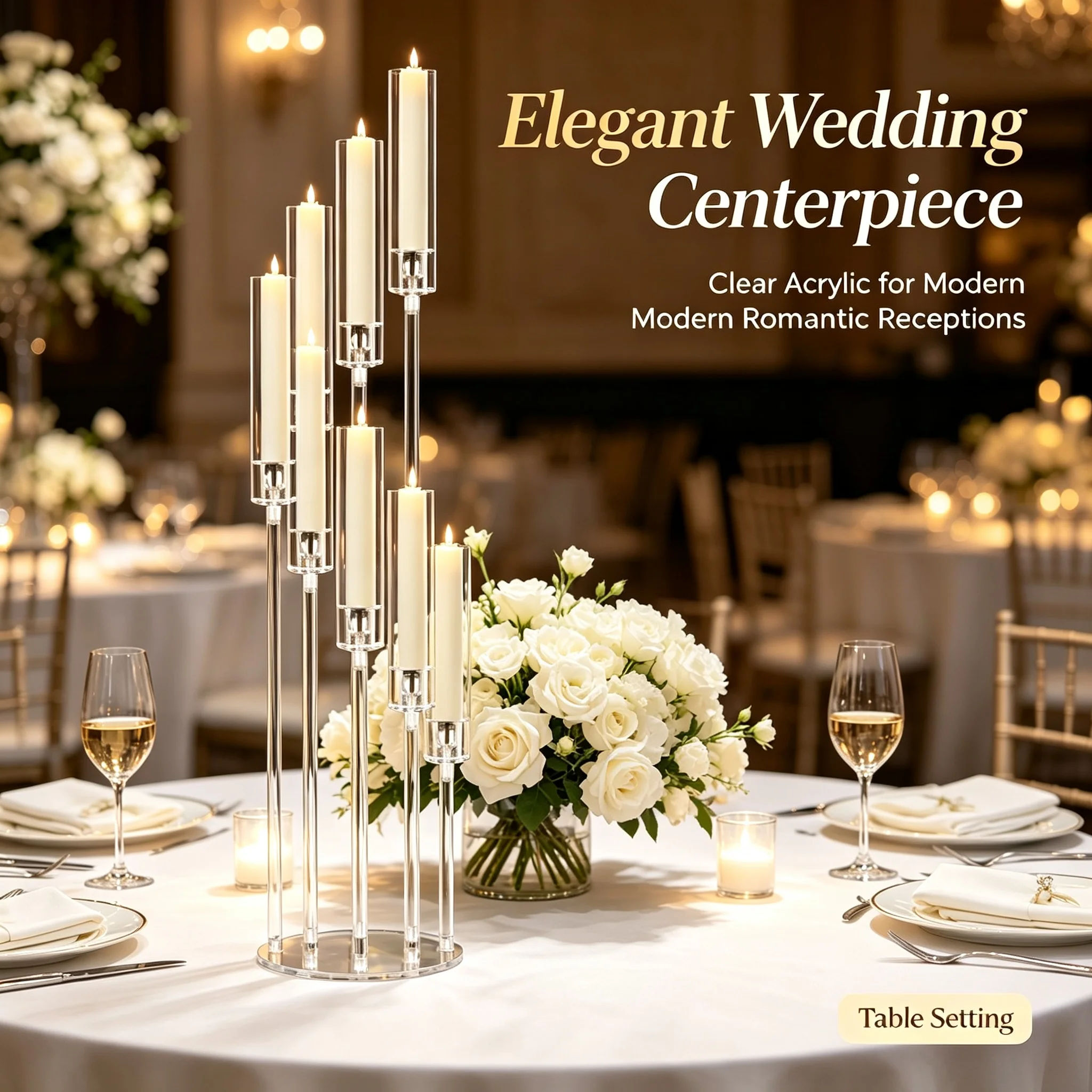 Luxury Clear Acrylic Tiered Candle Holder, 8 Arms Staggered Candelabra, LED Candle Only, Event Dining Room Table Decor