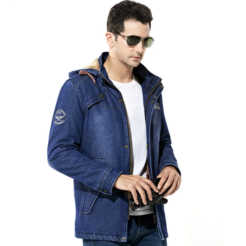 Winter Jacket Men\'s Denim Coat Mid-long Plus Velvet Thick Warm Pure Cotton Jackets Coats Hooded Overcoat Men Windbreaker M-5XL