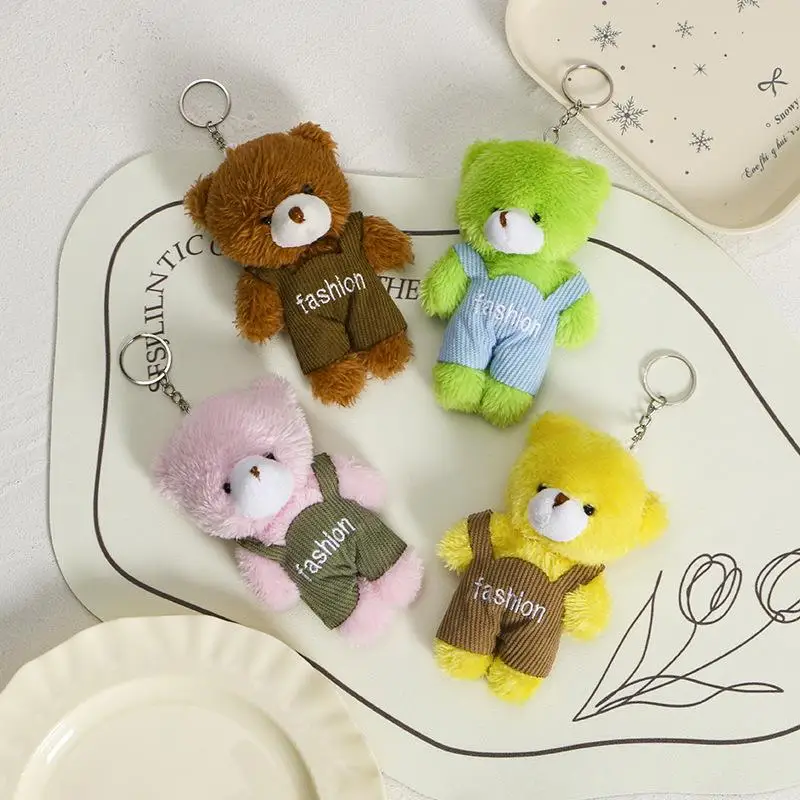 Colorful Soft Fluffy Bear Plush Pendant Overalls Design For Backpack Decoration Kids Birthday Gifts