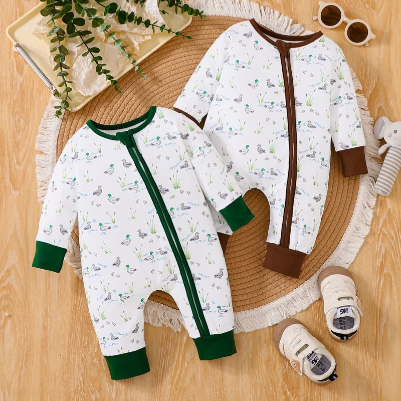 

0-2Y Newborn Spring Autumn Jumpsuit Baby Girls Boys Duck Print Long Sleeve Zipper Romper Soft Cotton Pattern Bodysuit for Infant
