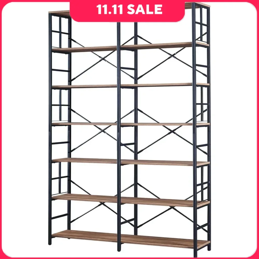 Bookcases,Industrial Bookcases Double Wide 7-Tier Bookshelf,Wood Style and Metal,Display Shelves for Living Room Home Office