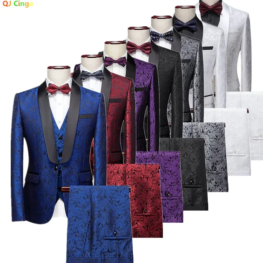 

2026 Slim-Fit Men's Three-Piece Suit Set: Jacquard Fabric Blazer with Trousers and Vest. Asian Sizes M-6XL