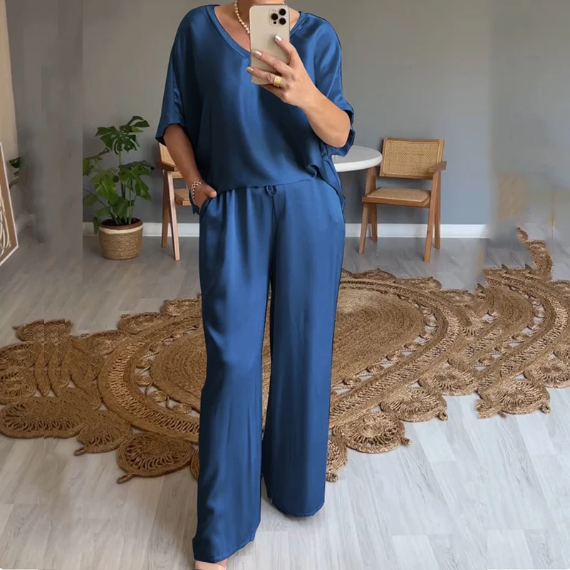 Women Casual Solid Silk Satin Outfit New Spring V Neck Loose Top Pullover+Wide-leg Pants Suit Summer Short Sleeve Loose 2pcs Set