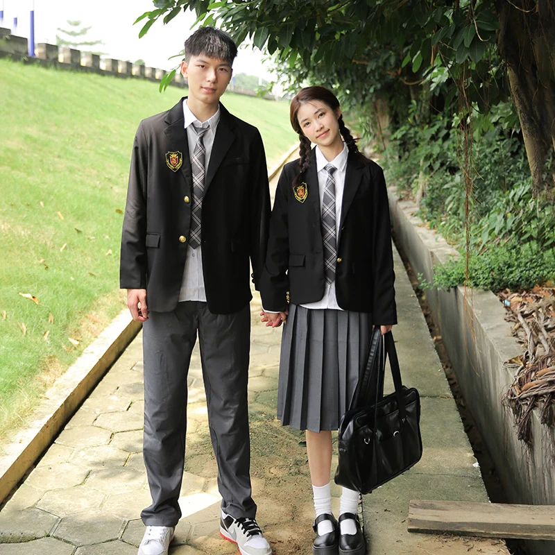 Jaqueta preta com gola alta para formatura, modelo jk jk, blaestilo japonês e coreano, mangas compridas, casaco e uniforme escolar para estudantes, homens e mulheres