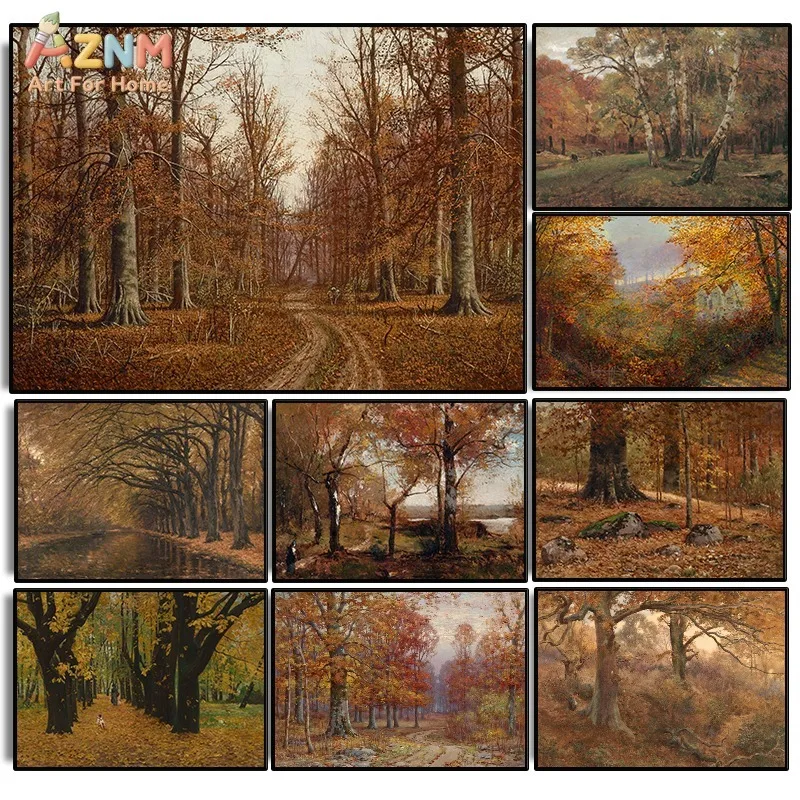 AZNM Vintage Autumn Forest Landscape Canvas Wall Art, Rustic Fall Tree Path Print, Frameless Classic Oil Painting Style Canvas P