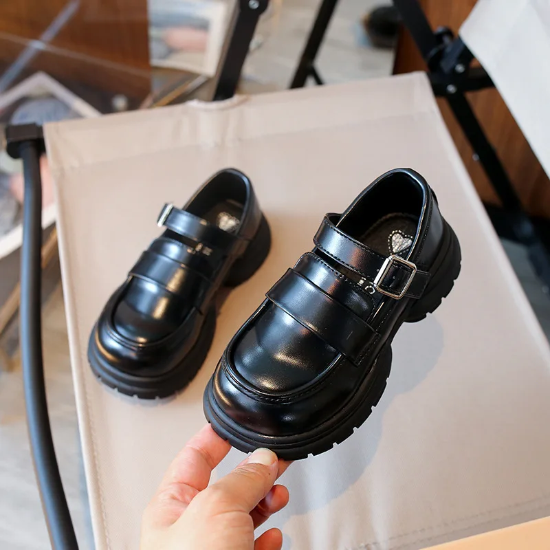 Girls Black Mary Jane Shoes Solid Color Kids Leather Shoe Thick Bottom Fashion Glossy Children Princess Shoes Causal Versatile