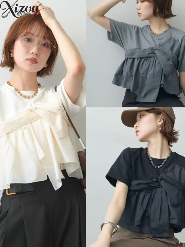 Round Neck Short Sleeve T-Shirt Fake Two-Piece Splice Knot Bow Summer Japanese Korean  High End Chic Youthful Elegant Women 2026