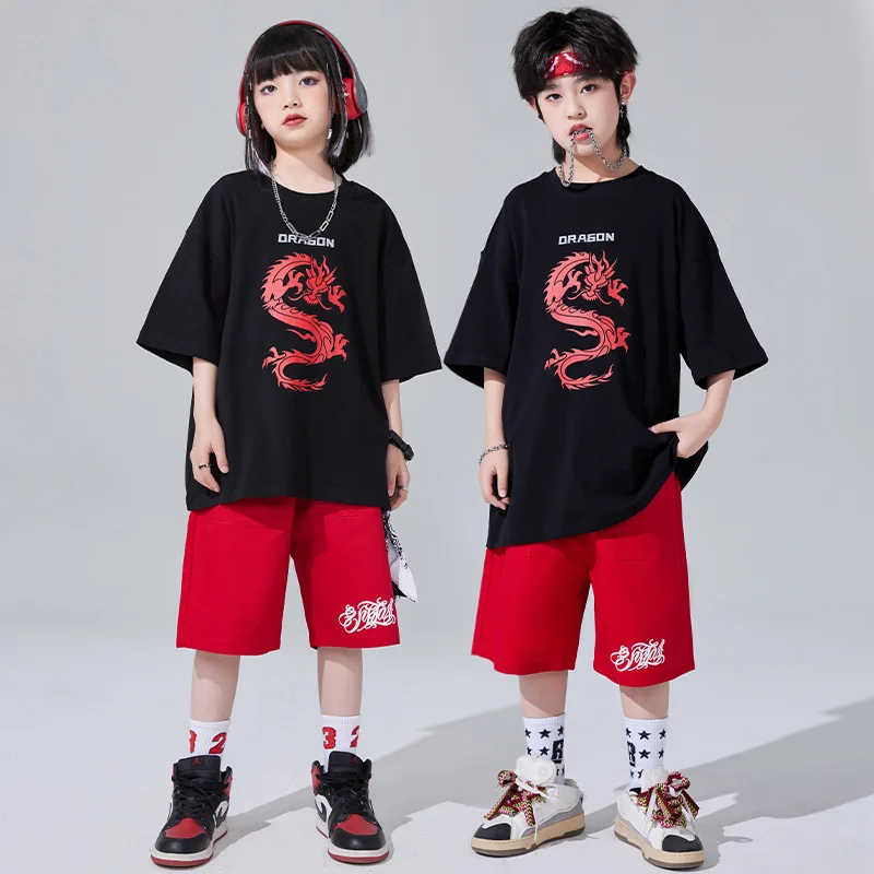 

Kids Hip Hop Dance Clothes Sets Boys Black T Shirt Casual Shorts Girls Loose Modern Dance Practice Wear Concert Performance Wear