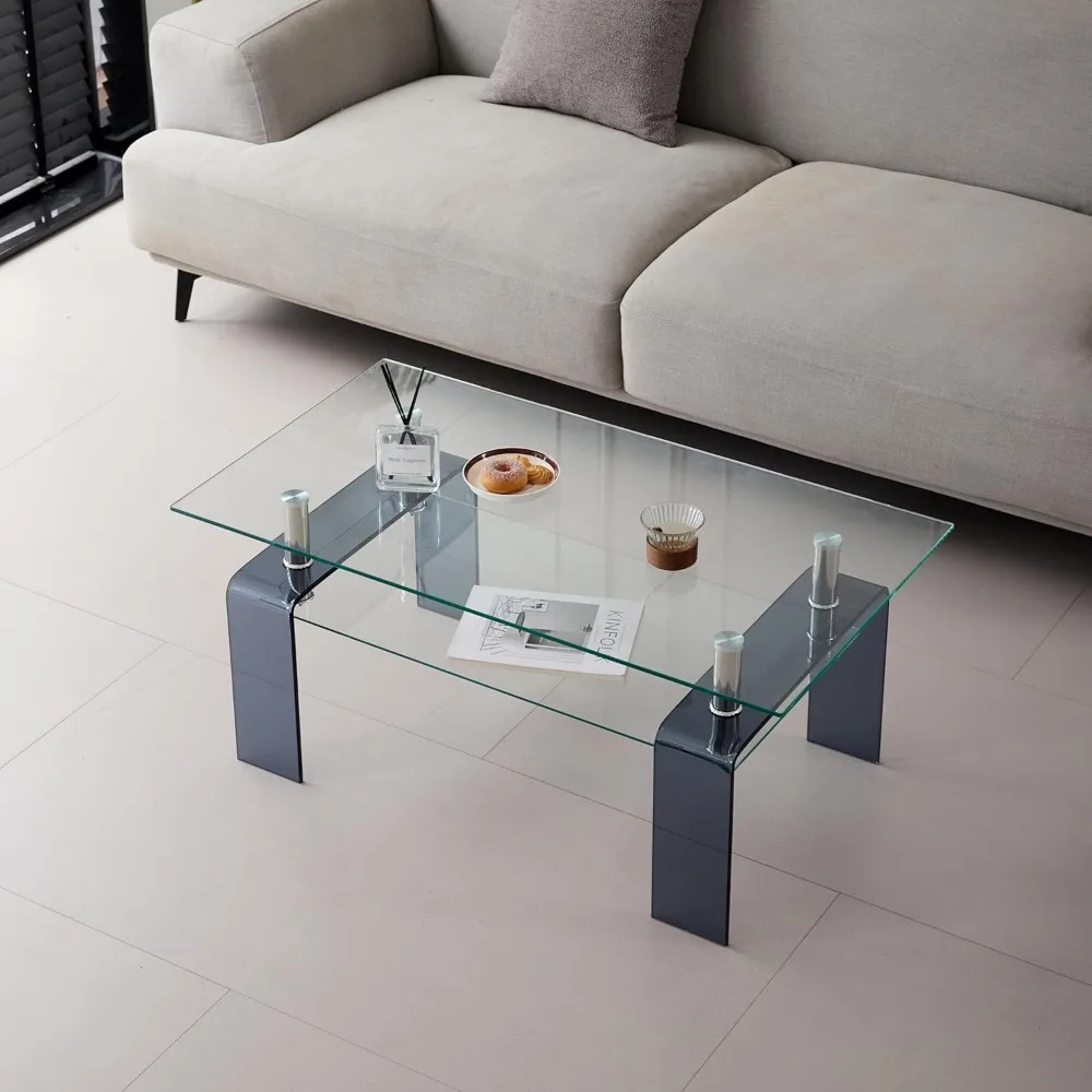 Rectangular Glass Coffee Table with Tempered Glass Top and MDF Layer for Living Room and Office Use