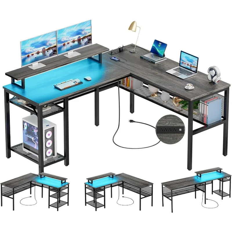 

L Shaped Computer Desk with Magic Power Outlets and Smart LED Light, Reversible 55 Inch Corner Office Desk with Monitor Stand