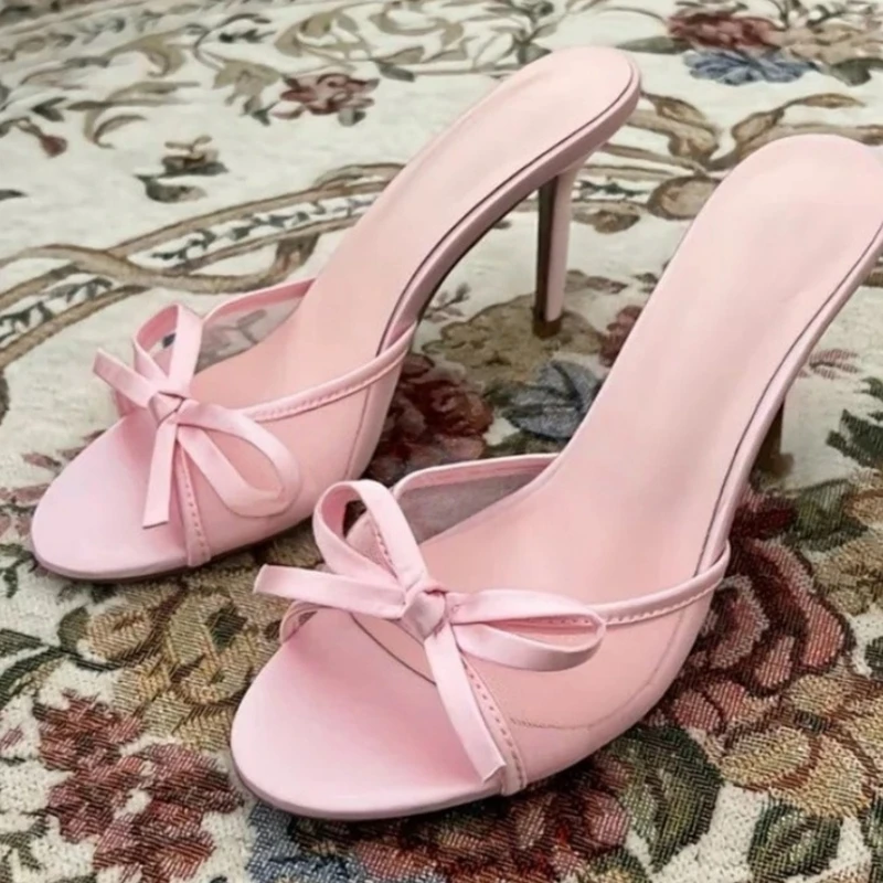 

Pink Mesh Satin Butterfly Open Toe High Heel Slippers Slip On Short Heels Knot Front Round Toe Women Mules Shoes