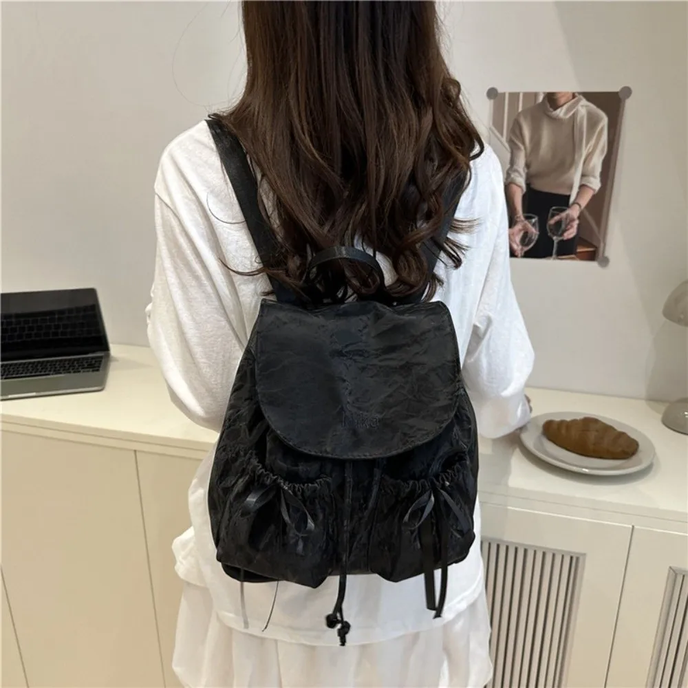 Fashion Cute Knot Women's Backpack Large Capacity Drawstring Students Bookbag Solid Color School Backpack Outdoor