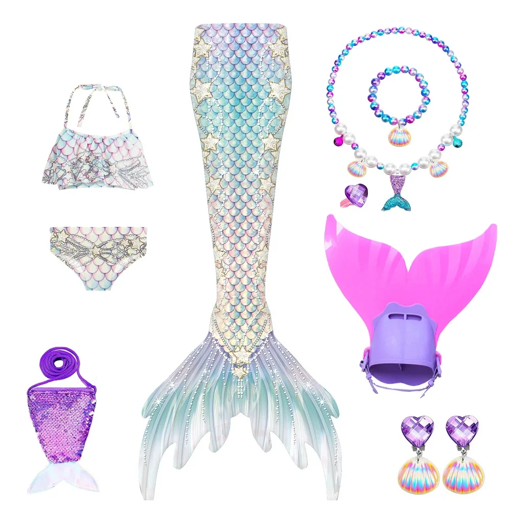 Girls Swimmable Mermaid Tail Princess Dress with Monofin Kids Holiday Mermaid Costume Cosplay Swimsuit Birthday Anime Cosplay