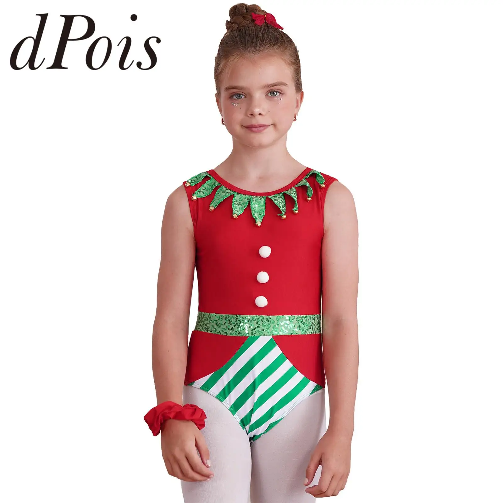 Girl's New Year Costume Christmas Dress Up Costumes Children Santa Xmas Holiday Jumpsuit Sequins Leotard Performance Outfits