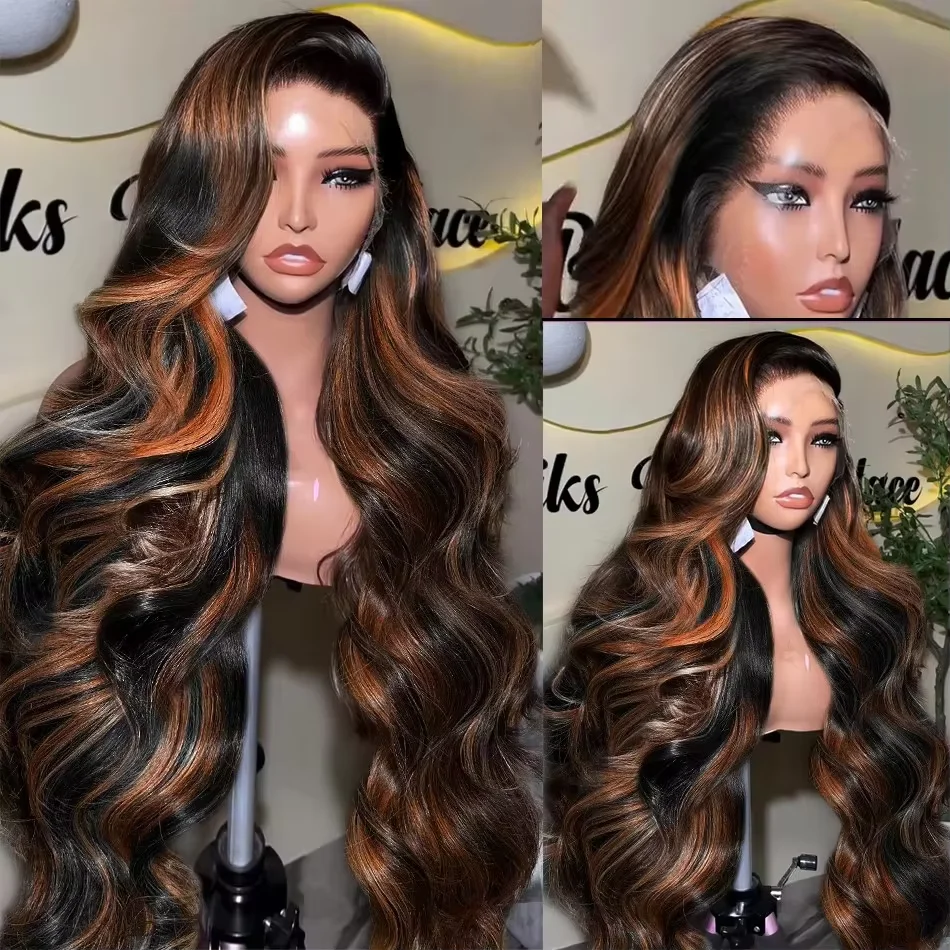Finros Colored 1B/30 Black Brown Ombre Highlight Body Wave 13x6 HD Lace Frontal Human Hair Wig 13x4 Lace Front Wigs For Women