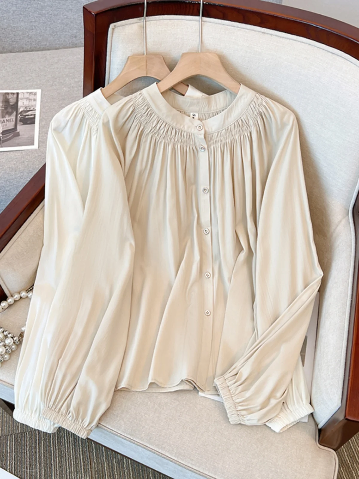 

Loose Fit round Neck Long Sleeve Women's Shirt Bubble Sleeve Chiffon Top plus Size Spring New Style Korean Style Commute Wind