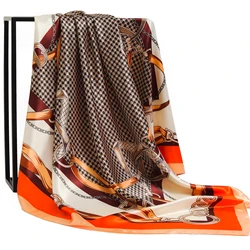 Foulard Hijab en Satin de soie imprimé Floral pour femme, carré, Bandana, 90x90cm